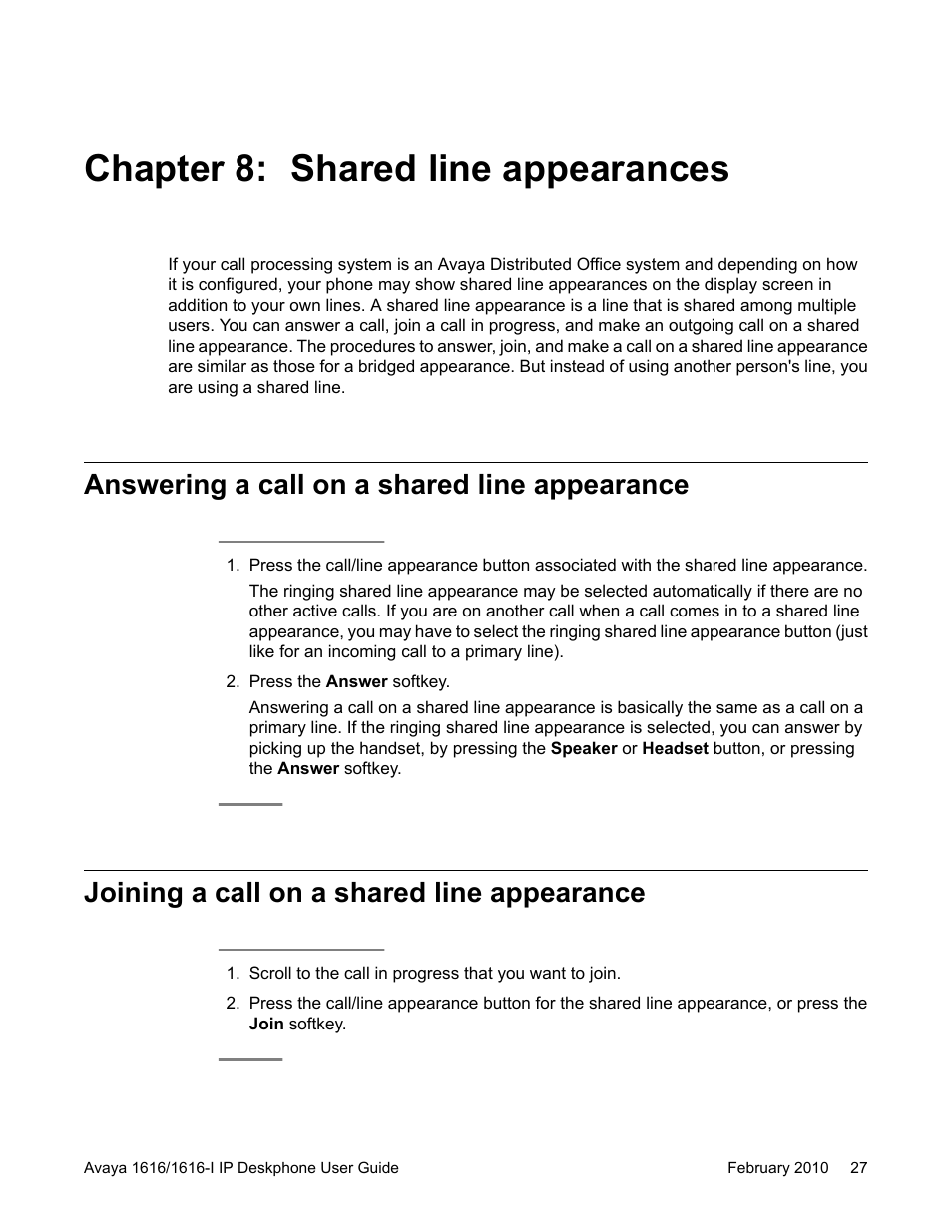 Chapter 8: shared line appearances, Answering a call on a shared line appearance, Joining a call on a shared line appearance | Avaya 1616-I User Manual | Page 27 / 50