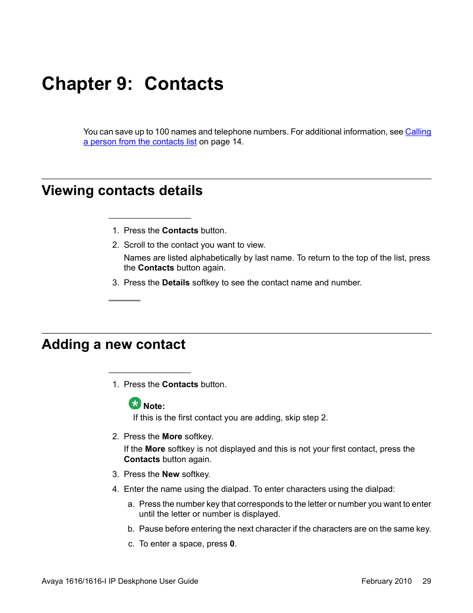 Chapter 9: contacts, Viewing contacts details, Adding a new contact | Avaya 1616-I User Manual | Page 29 / 50