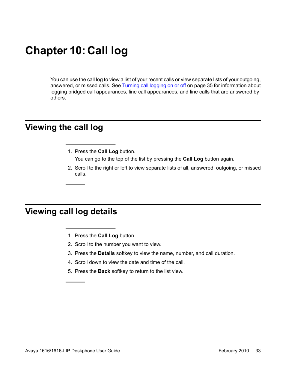 Chapter 10: call log, Viewing the call log, Viewing call log details | Viewing the call log viewing call log details | Avaya 1616-I User Manual | Page 33 / 50