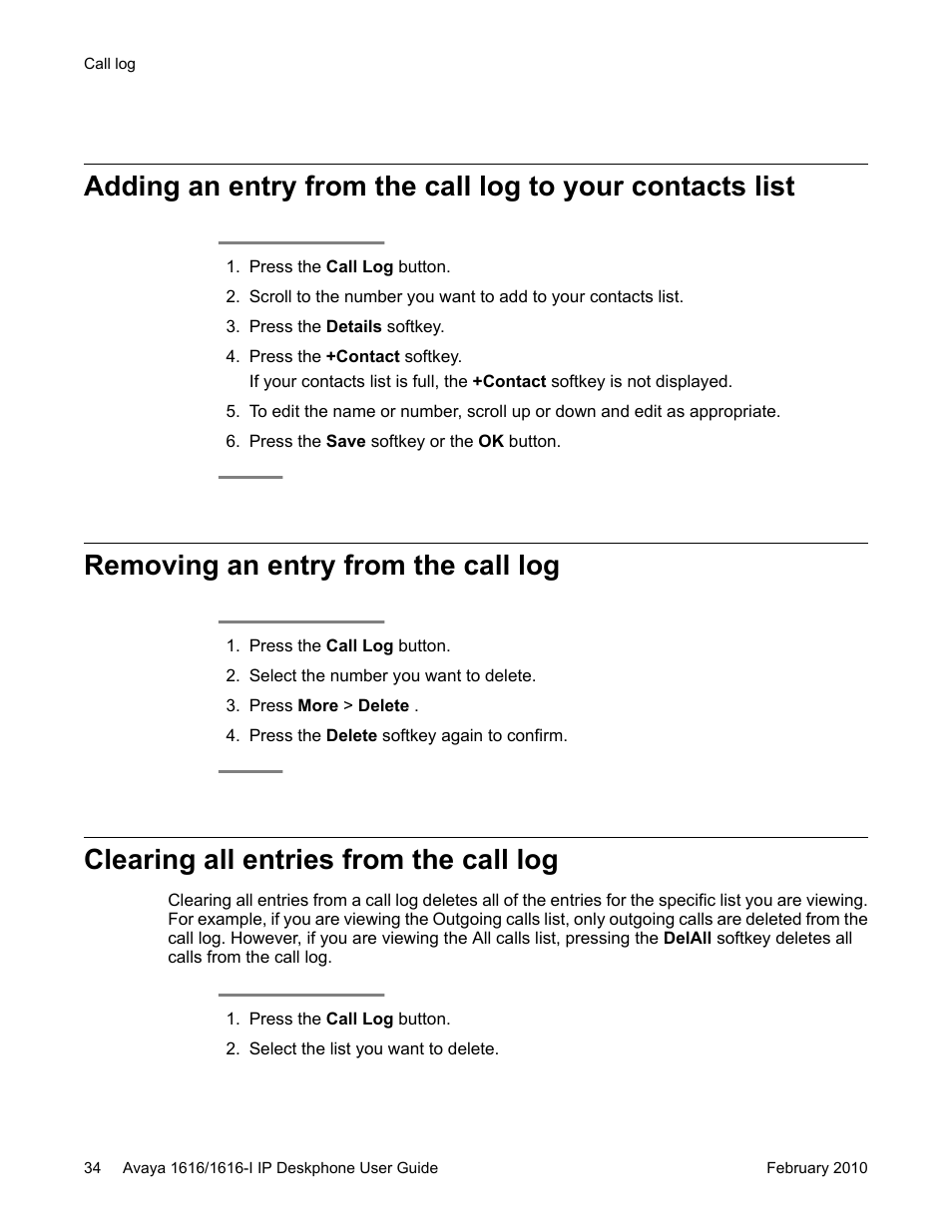 Removing an entry from the call log, Clearing all entries from the call log | Avaya 1616-I User Manual | Page 34 / 50