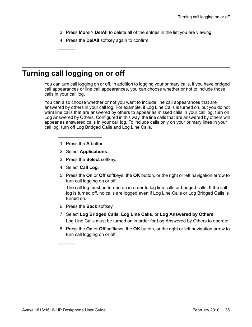 Turning call logging on or off | Avaya 1616-I User Manual | Page 35 / 50