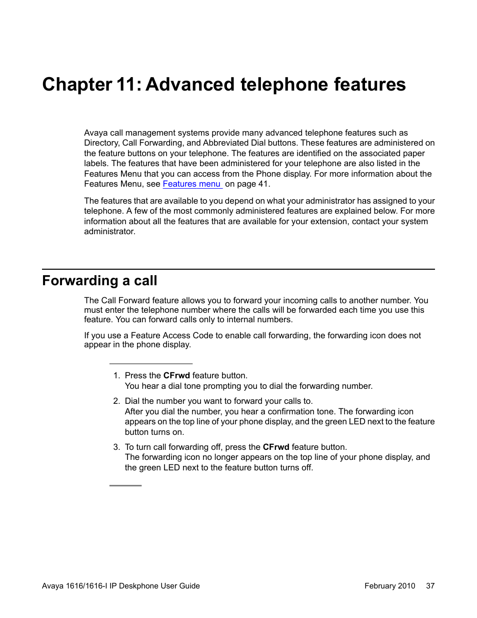 Chapter 11: advanced telephone features, Forwarding a call, Advanced telephone features | Avaya 1616-I User Manual | Page 37 / 50