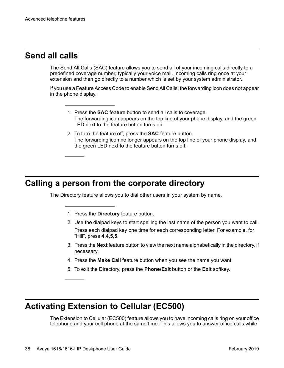 Send all calls, Calling a person from the corporate directory, Activating extension to cellular (ec500) | Avaya 1616-I User Manual | Page 38 / 50