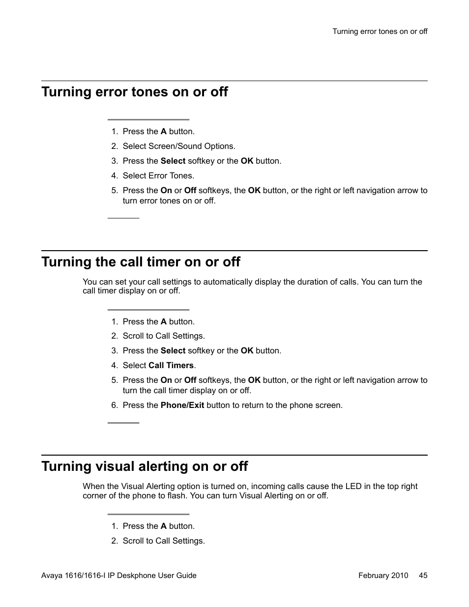 Turning error tones on or off, Turning the call timer on or off, Turning visual alerting on or off | Avaya 1616-I User Manual | Page 45 / 50