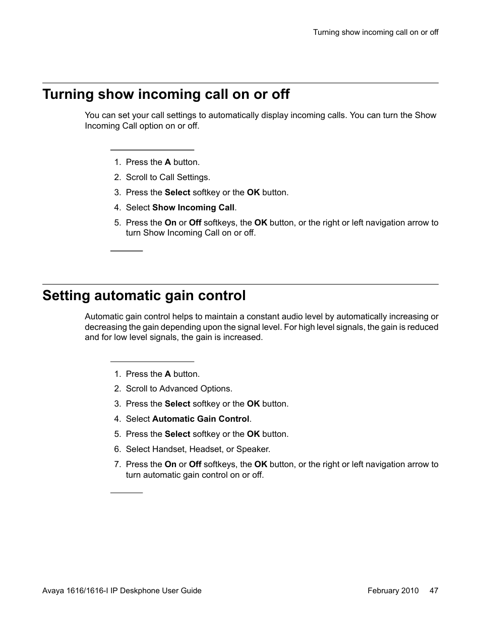 Turning show incoming call on or off, Setting automatic gain control | Avaya 1616-I User Manual | Page 47 / 50