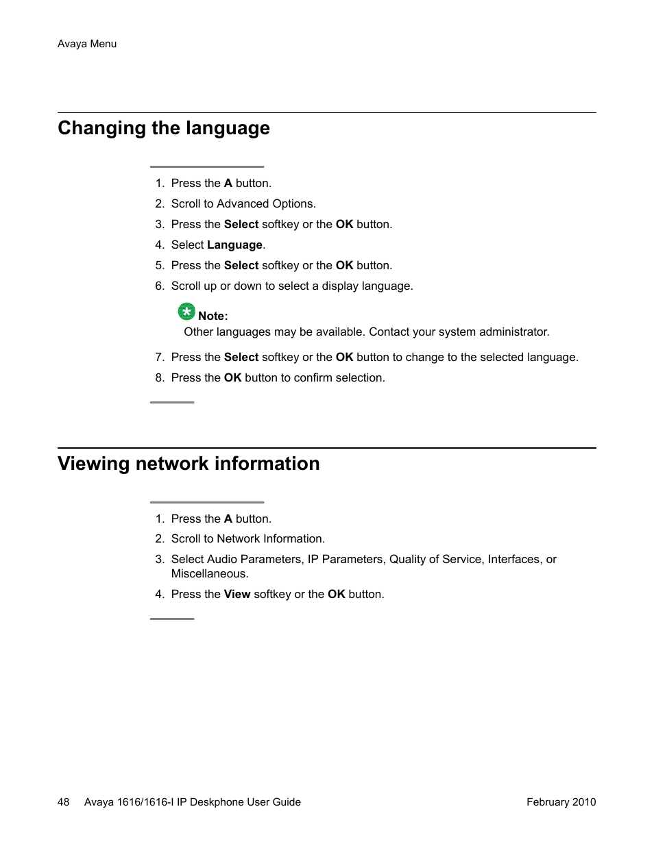 Changing the language, Viewing network information, Changing the language viewing network information | Avaya 1616-I User Manual | Page 48 / 50