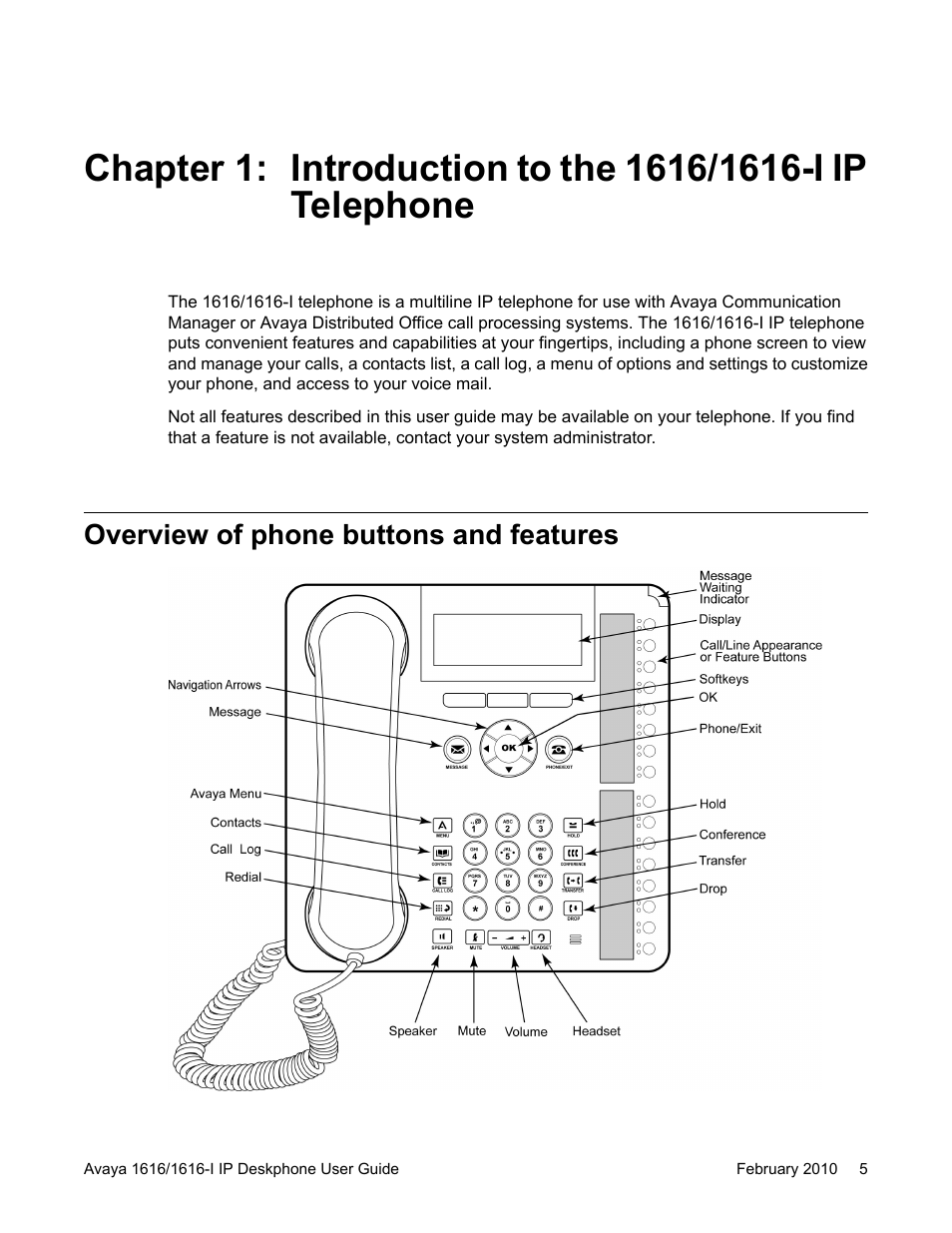 Overview of phone buttons and features | Avaya 1616-I User Manual | Page 5 / 50