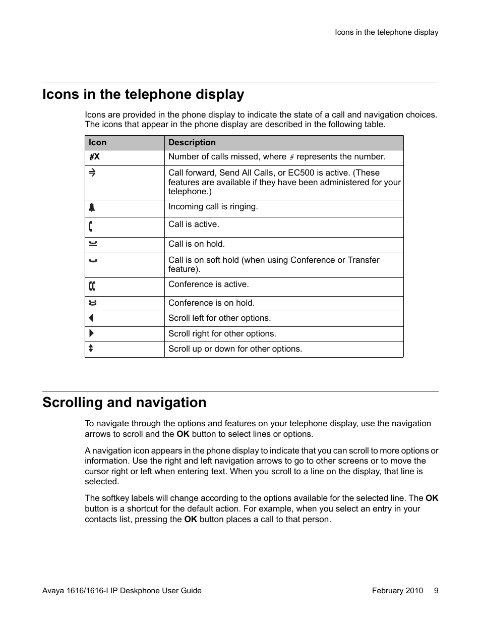 Icons in the telephone display, Scrolling and navigation | Avaya 1616-I User Manual | Page 9 / 50