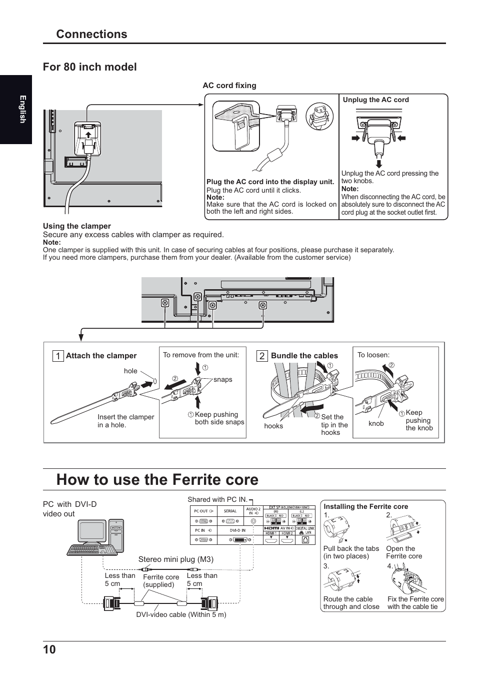 How to use the ferrite core, Connections, For 80 inch model | Panasonic TH50LFC70E User Manual | Page 10 / 40