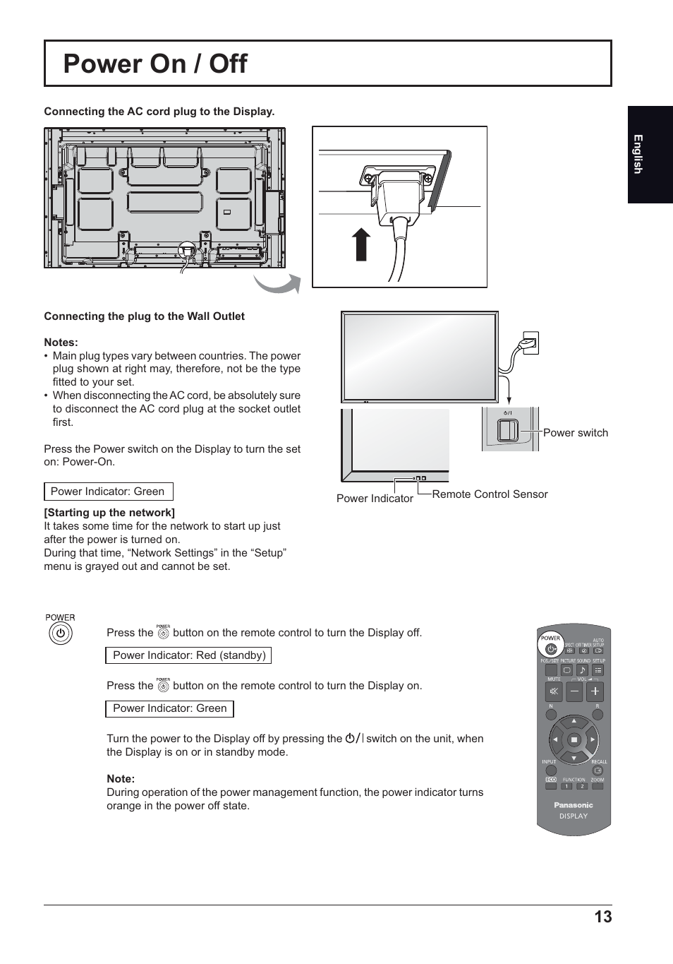 Power on / off | Panasonic TH50LFC70E User Manual | Page 13 / 40