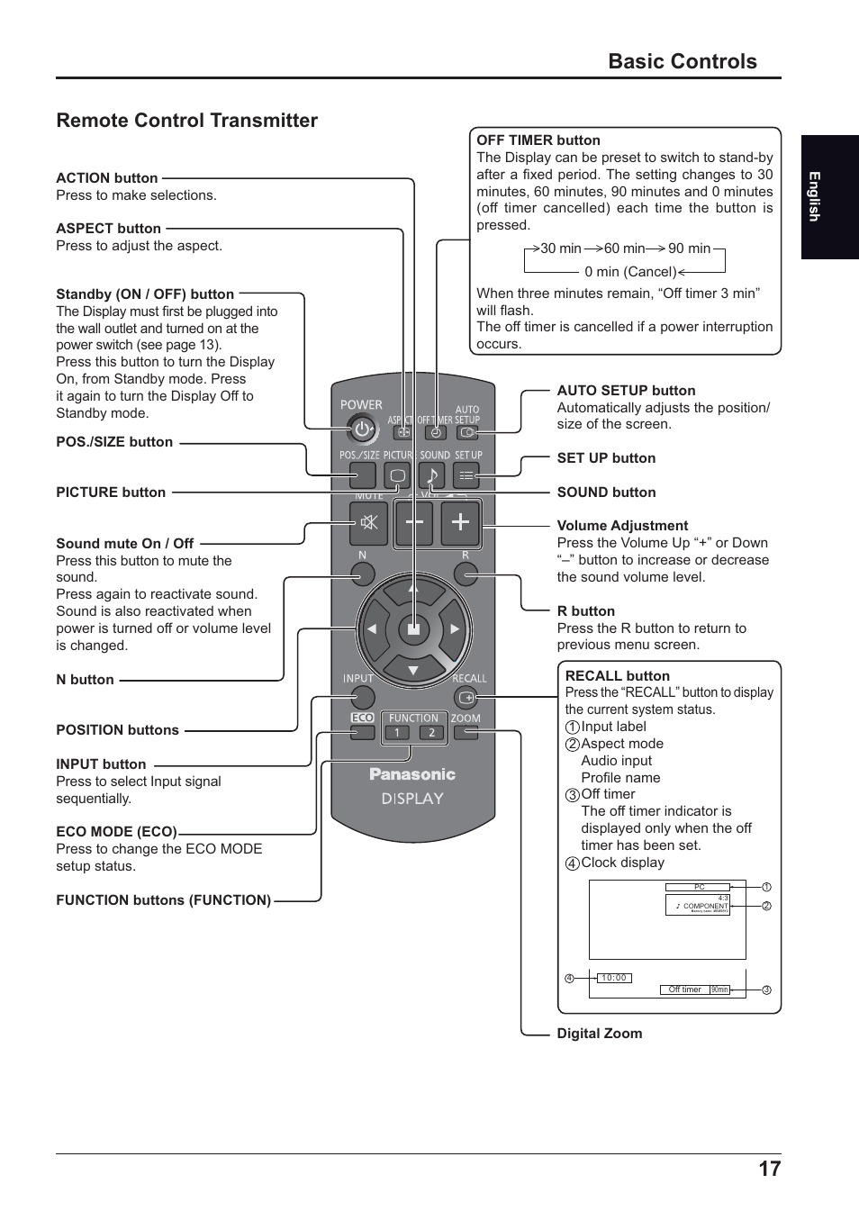 Basic controls, Remote control transmitter | Panasonic TH50LFC70E User Manual | Page 17 / 40