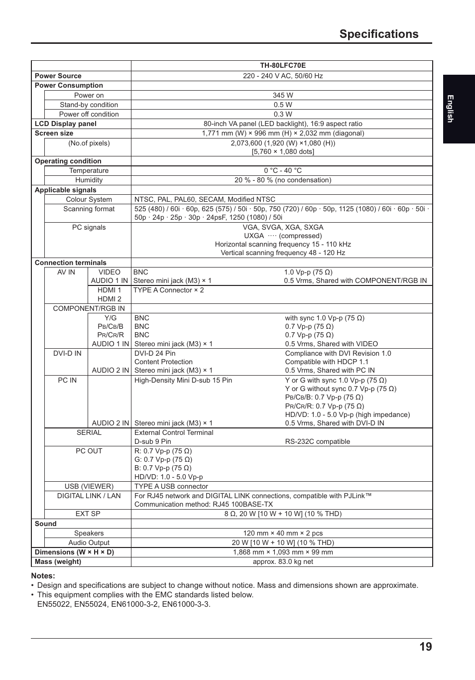 Specifi cations | Panasonic TH50LFC70E User Manual | Page 19 / 40