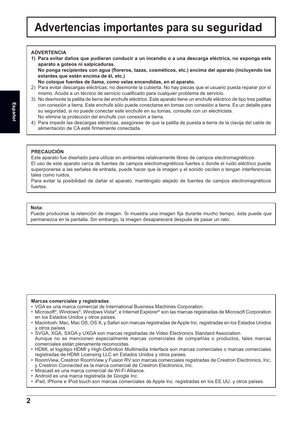 Advertencias importantes para su seguridad | Panasonic TH50LFC70E User Manual | Page 22 / 40