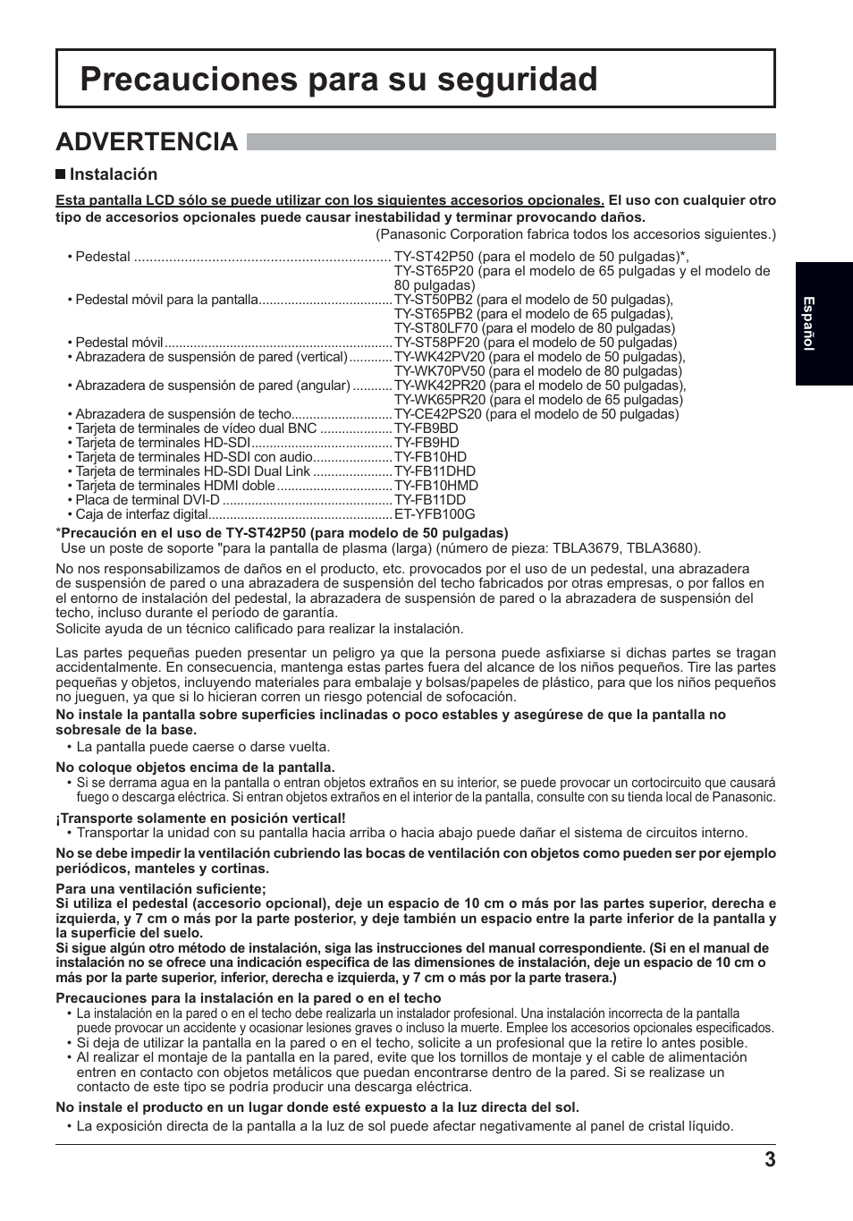 Precauciones para su seguridad, Advertencia | Panasonic TH50LFC70E User Manual | Page 23 / 40