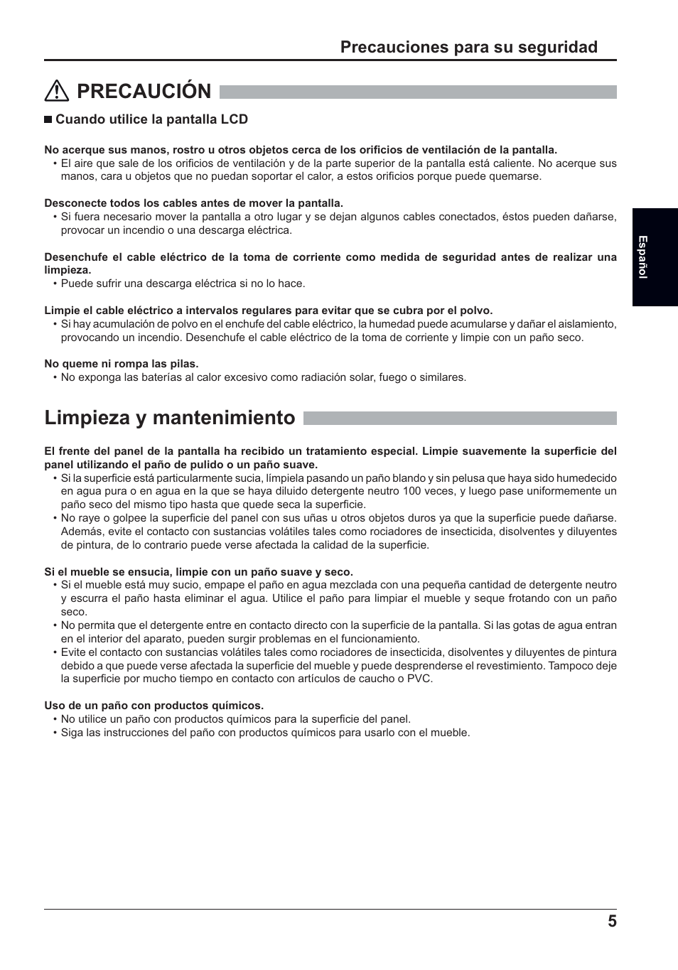 Precaución, Limpieza y mantenimiento, 5precauciones para su seguridad | Panasonic TH50LFC70E User Manual | Page 25 / 40