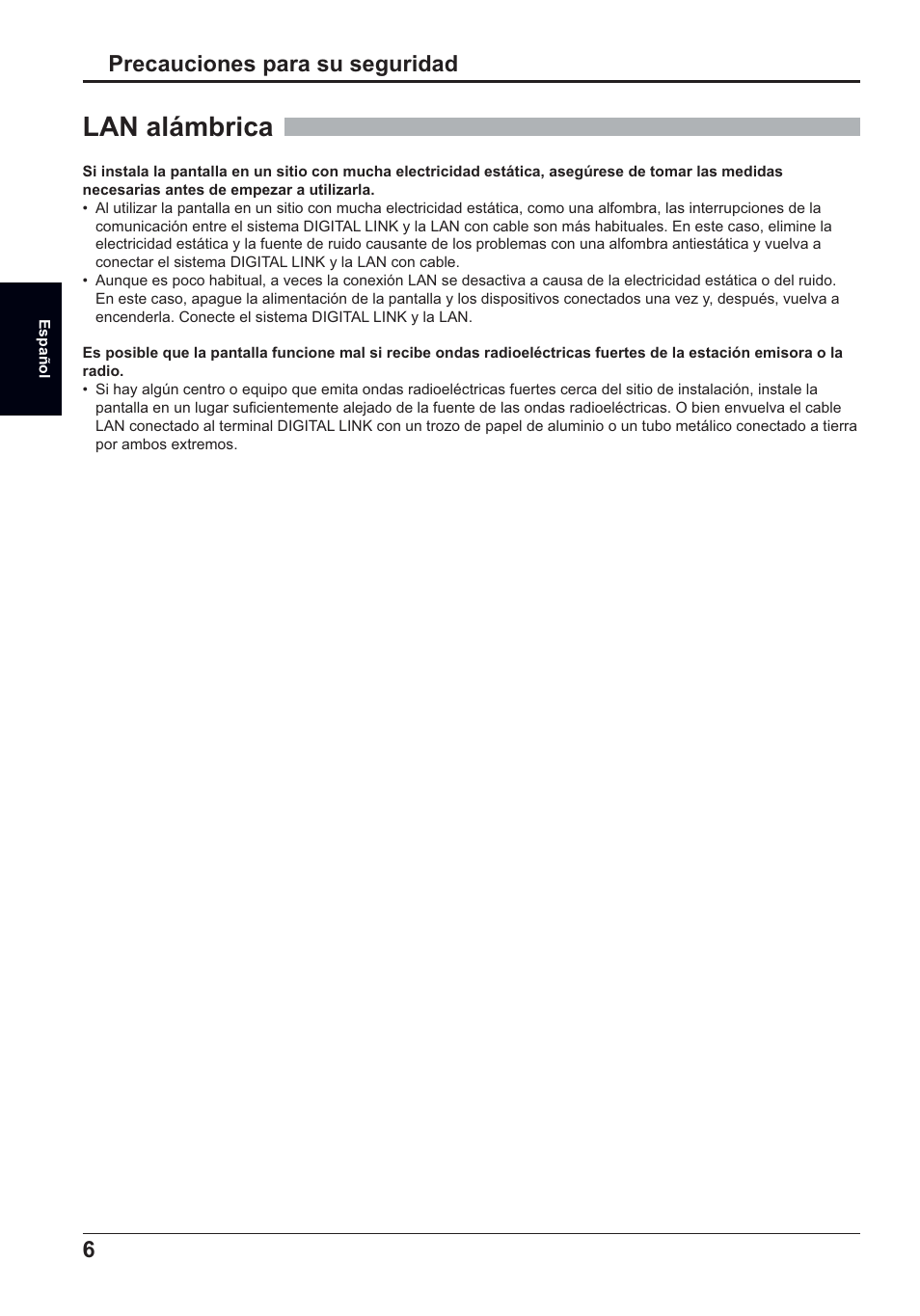 Lan alámbrica, 6precauciones para su seguridad | Panasonic TH50LFC70E User Manual | Page 26 / 40