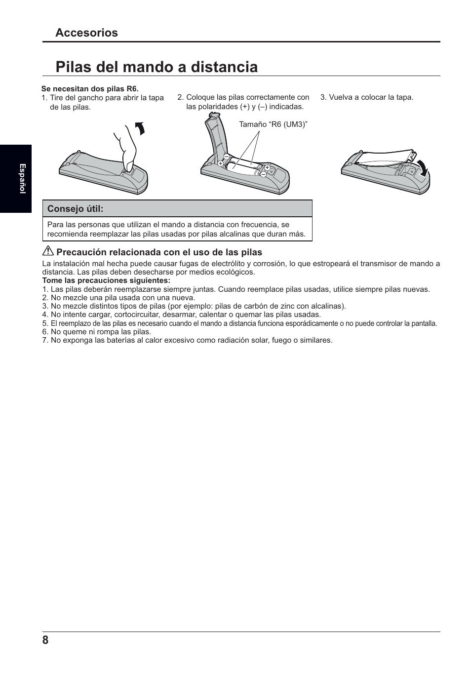 Pilas del mando a distancia, Accesorios | Panasonic TH50LFC70E User Manual | Page 28 / 40