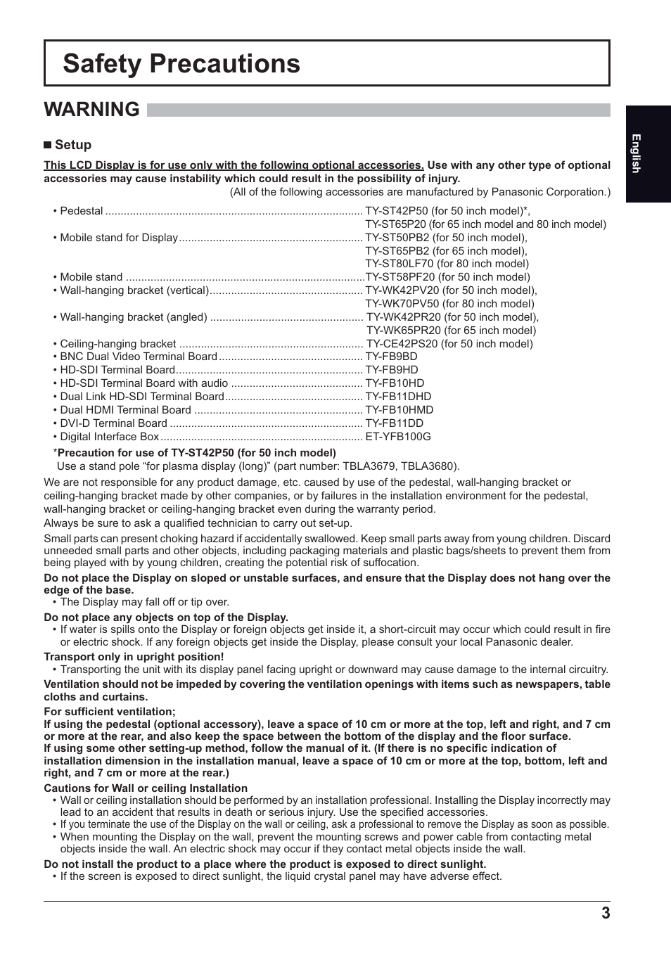 Safety precautions, Warning | Panasonic TH50LFC70E User Manual | Page 3 / 40