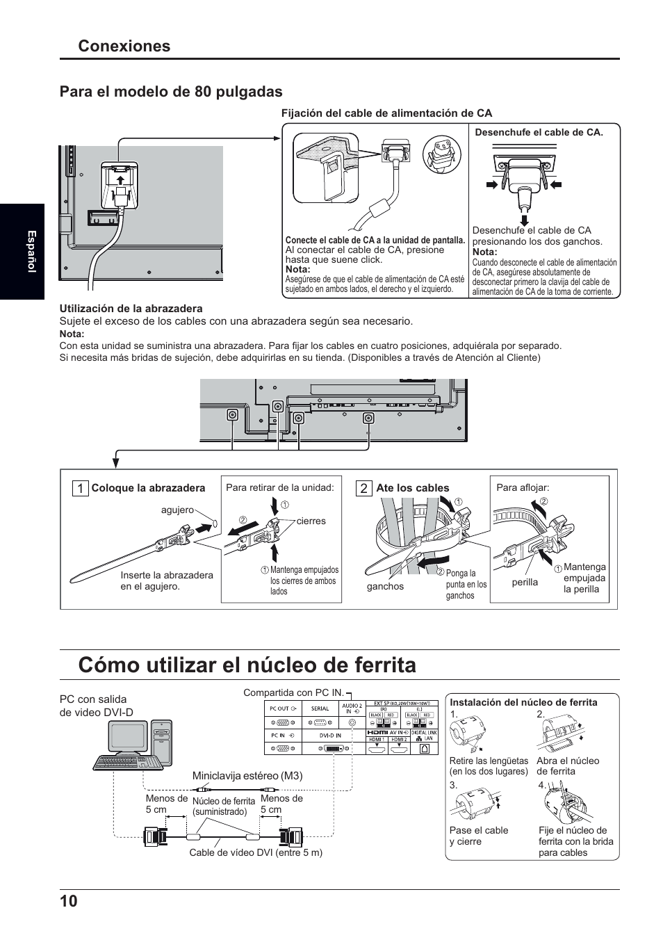 Cómo utilizar el núcleo de ferrita, Conexiones, Para el modelo de 80 pulgadas | Panasonic TH50LFC70E User Manual | Page 30 / 40