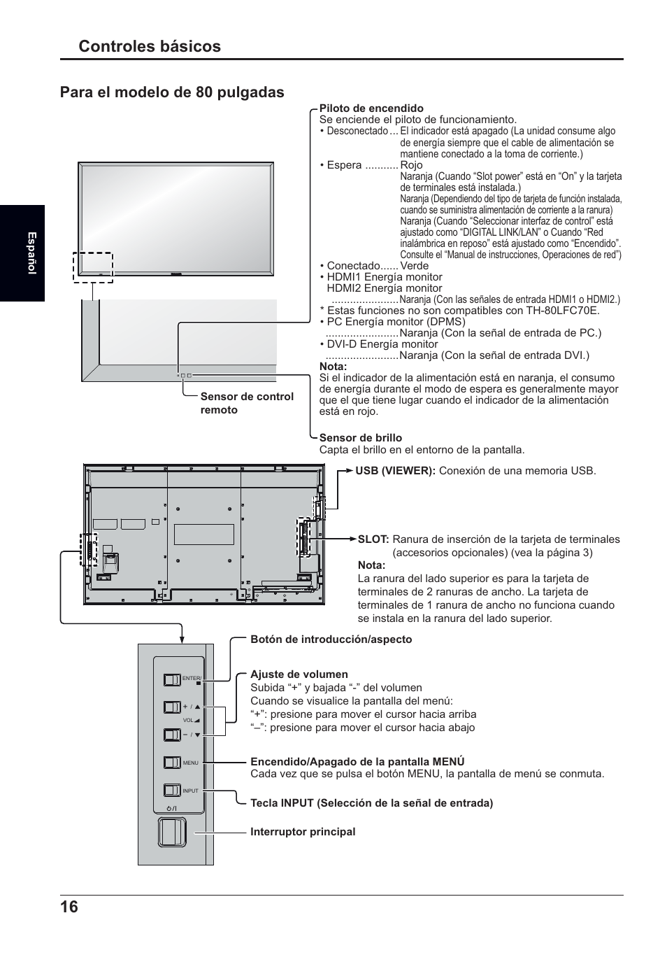 Controles básicos, Para el modelo de 80 pulgadas | Panasonic TH50LFC70E User Manual | Page 36 / 40