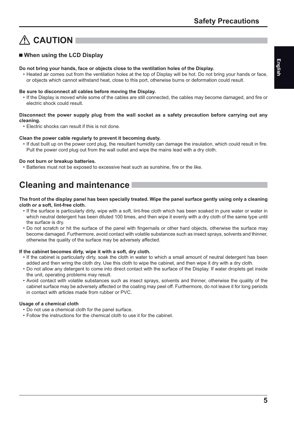 Caution, Cleaning and maintenance, Safety precautions | Panasonic TH50LFC70E User Manual | Page 5 / 40