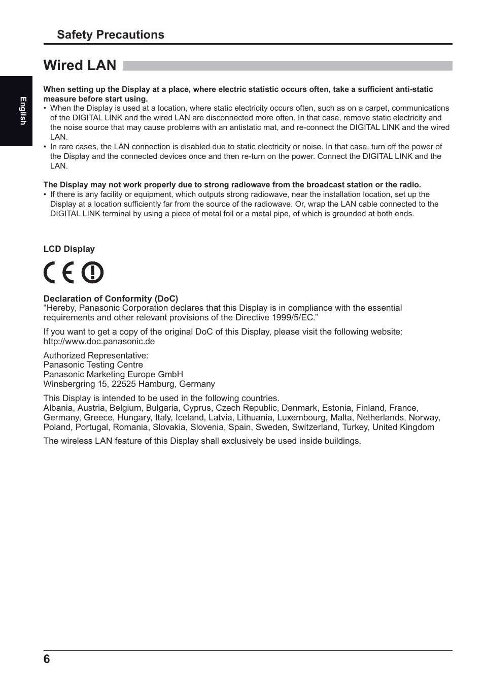 Wired lan, Safety precautions | Panasonic TH50LFC70E User Manual | Page 6 / 40
