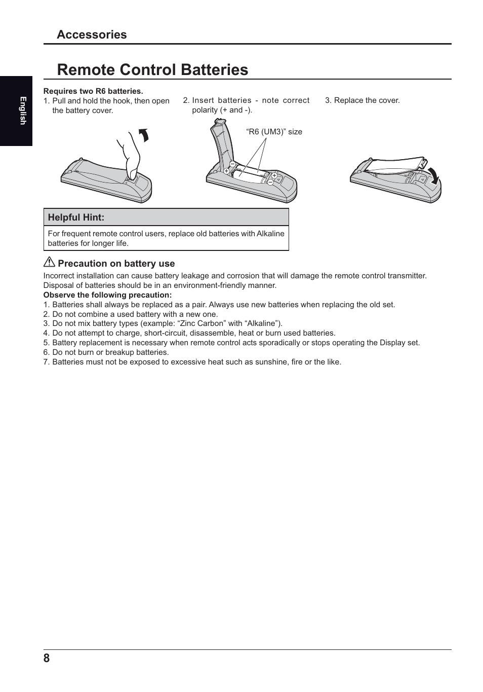 Remote control batteries, Accessories | Panasonic TH50LFC70E User Manual | Page 8 / 40