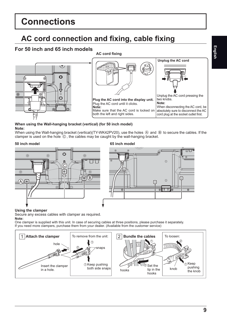 Connections, Ac cord connection and fi xing, cable fi xing, For 50 inch and 65 inch models | Panasonic TH50LFC70E User Manual | Page 9 / 40