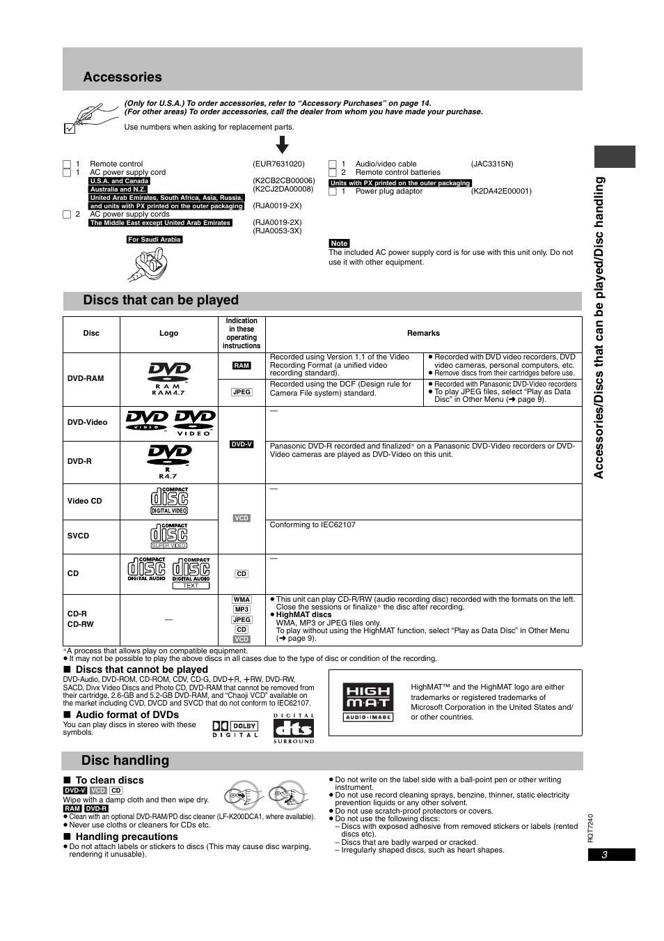 Accessories, Discs that can be played, Disc handling | Panasonic DVDS27 User Manual | Page 3 / 16