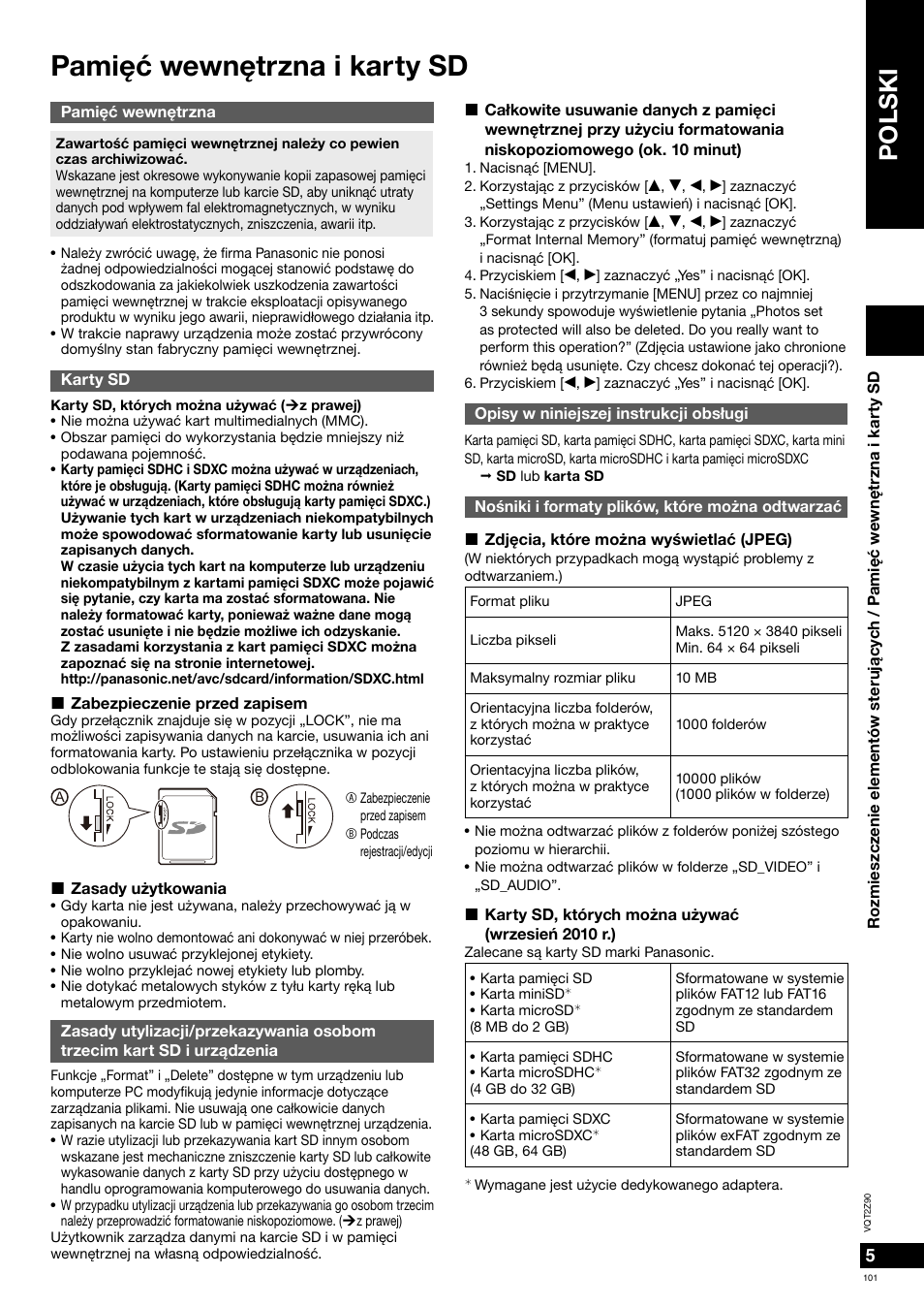 Pamiêæ wewnêtrzna i karty sd, Polski | Panasonic MW20EG User Manual | Page 101 / 124
