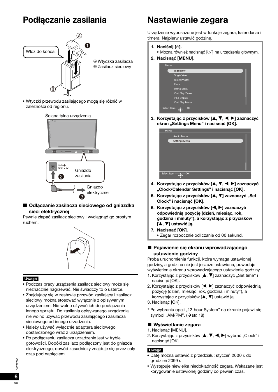 Nastawianie zegara, Pod³¹czanie zasilania, 1a b | Panasonic MW20EG User Manual | Page 102 / 124