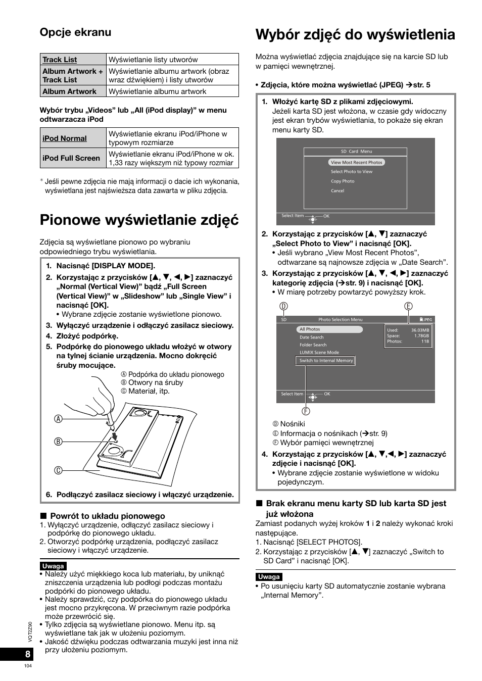 Ab c, Opcje ekranu | Panasonic MW20EG User Manual | Page 104 / 124