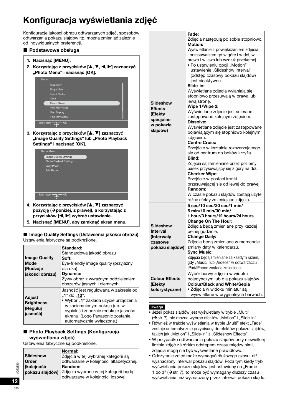 Konfi guracja wyświetlania zdjêæ, Podstawowa obs³uga, Image quality settings (ustawienia jakości obrazu) | Panasonic MW20EG User Manual | Page 108 / 124
