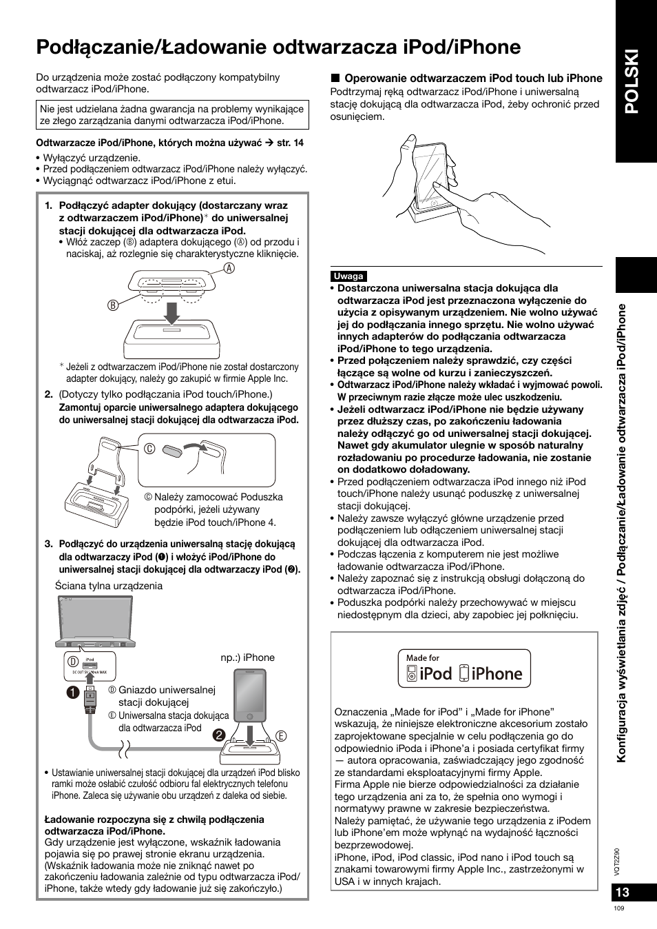 Pod³¹czanie/£adowanie odtwarzacza ipod/iphone, Polski | Panasonic MW20EG User Manual | Page 109 / 124