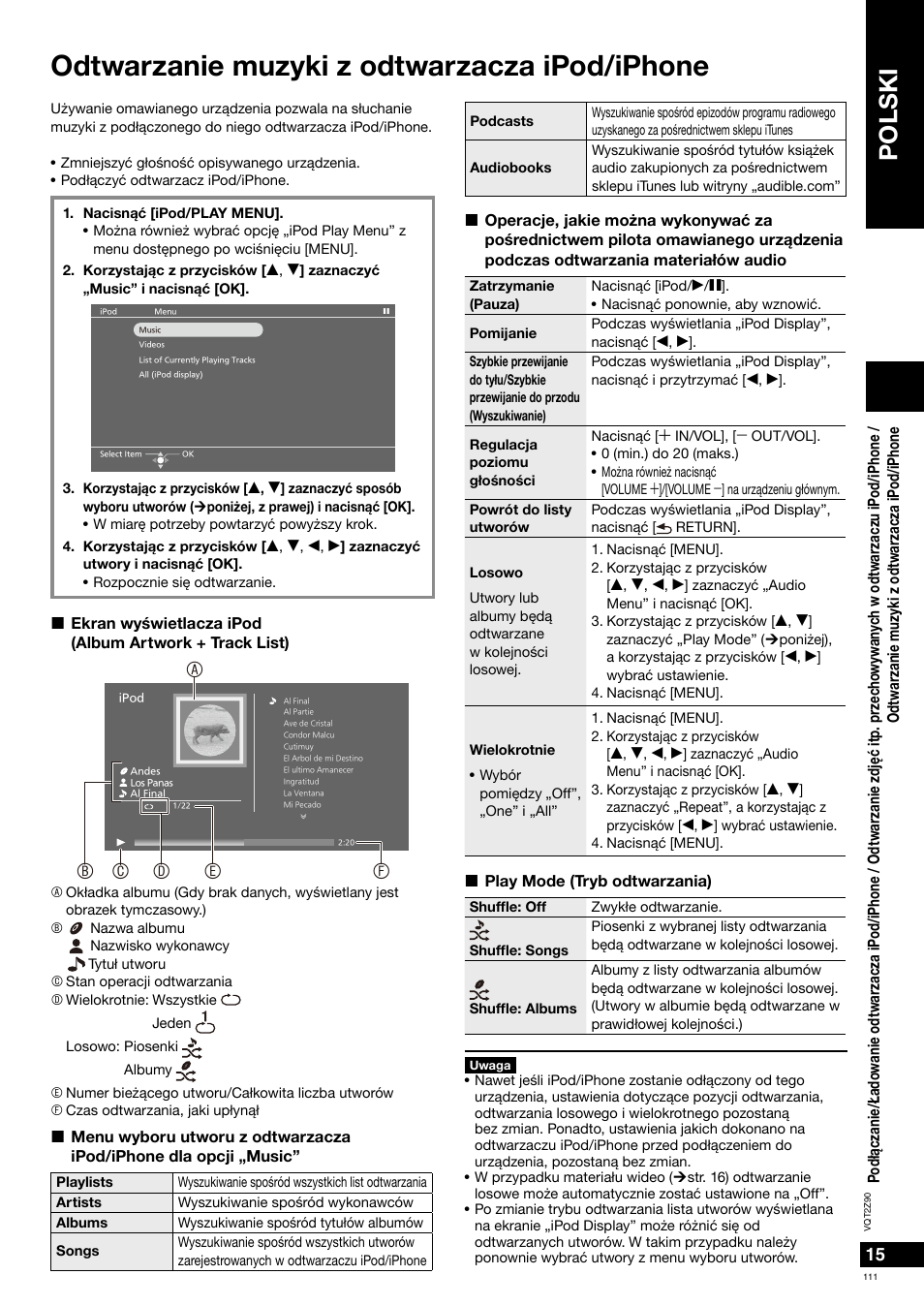 Odtwarzanie muzyki z odtwarzacza ipod/iphone, Polski | Panasonic MW20EG User Manual | Page 111 / 124
