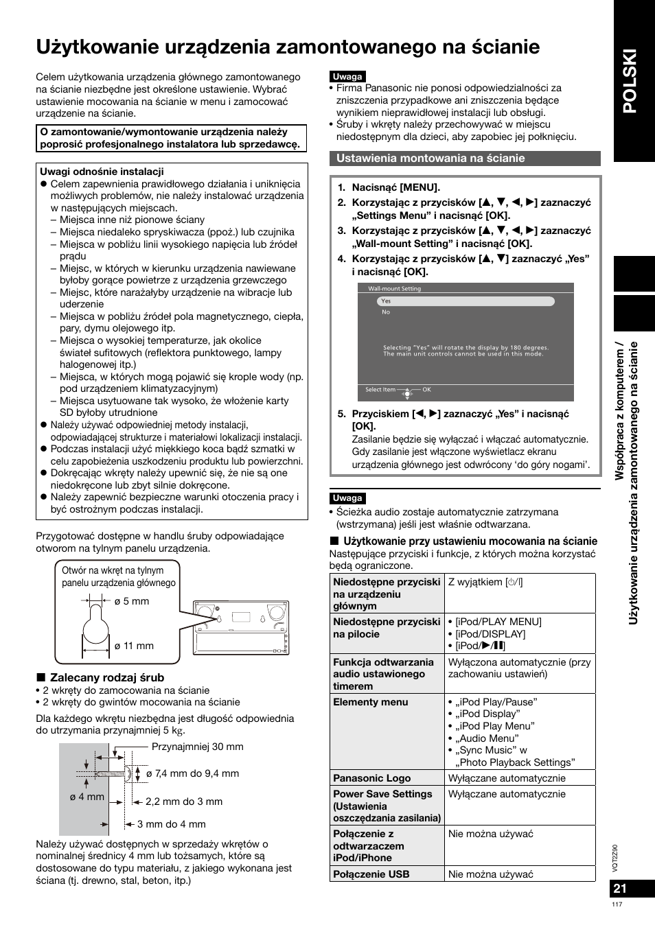 U¿ytkowanie urz¹dzenia zamontowanego na ścianie, Polski | Panasonic MW20EG User Manual | Page 117 / 124