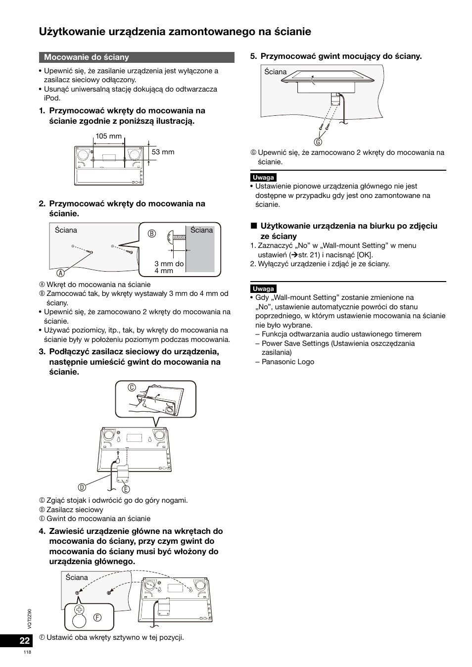 U¿ytkowanie urz¹dzenia zamontowanego na ścianie, Cd e | Panasonic MW20EG User Manual | Page 118 / 124