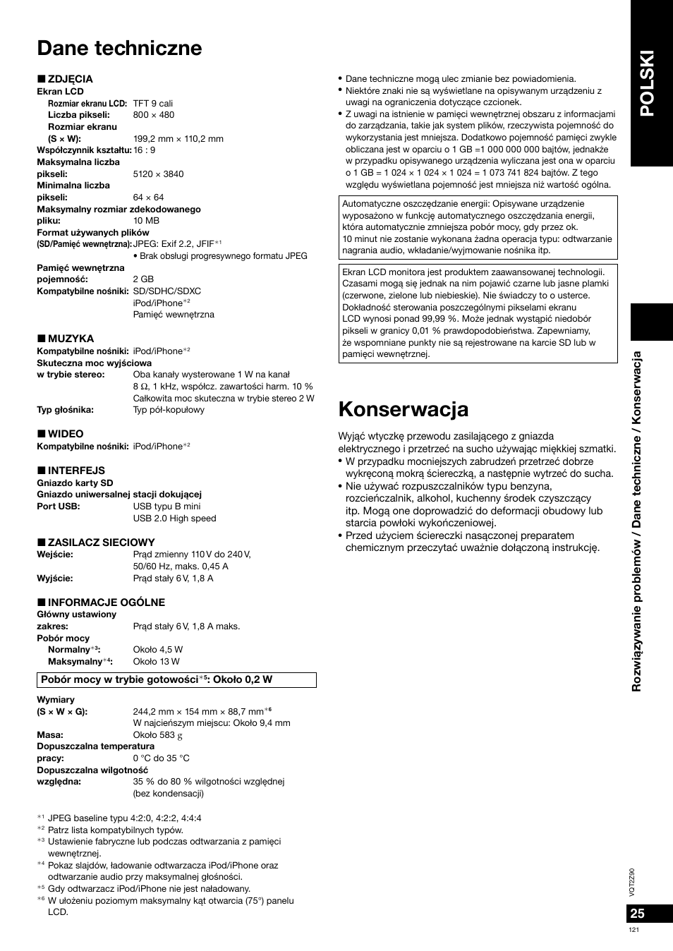 Dane techniczne, Konserwacja, Polski | Panasonic MW20EG User Manual | Page 121 / 124