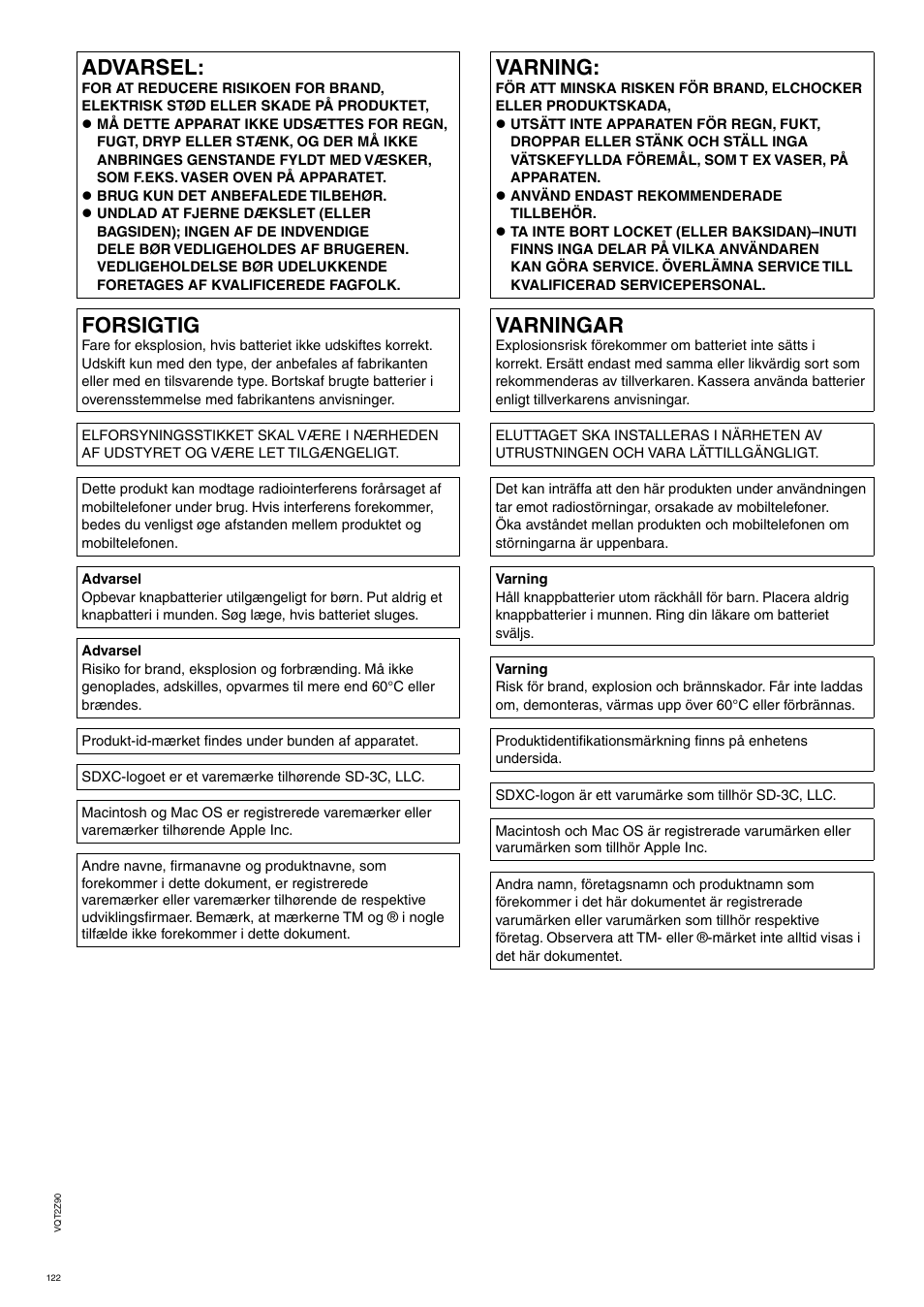 Advarsel, Forsigtig, Varning | Varningar | Panasonic MW20EG User Manual | Page 122 / 124