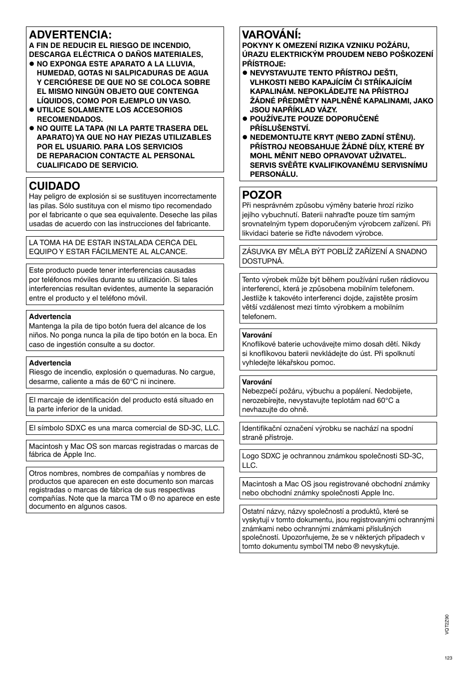 Advertencia, Cuidado, Varování | Pozor | Panasonic MW20EG User Manual | Page 123 / 124