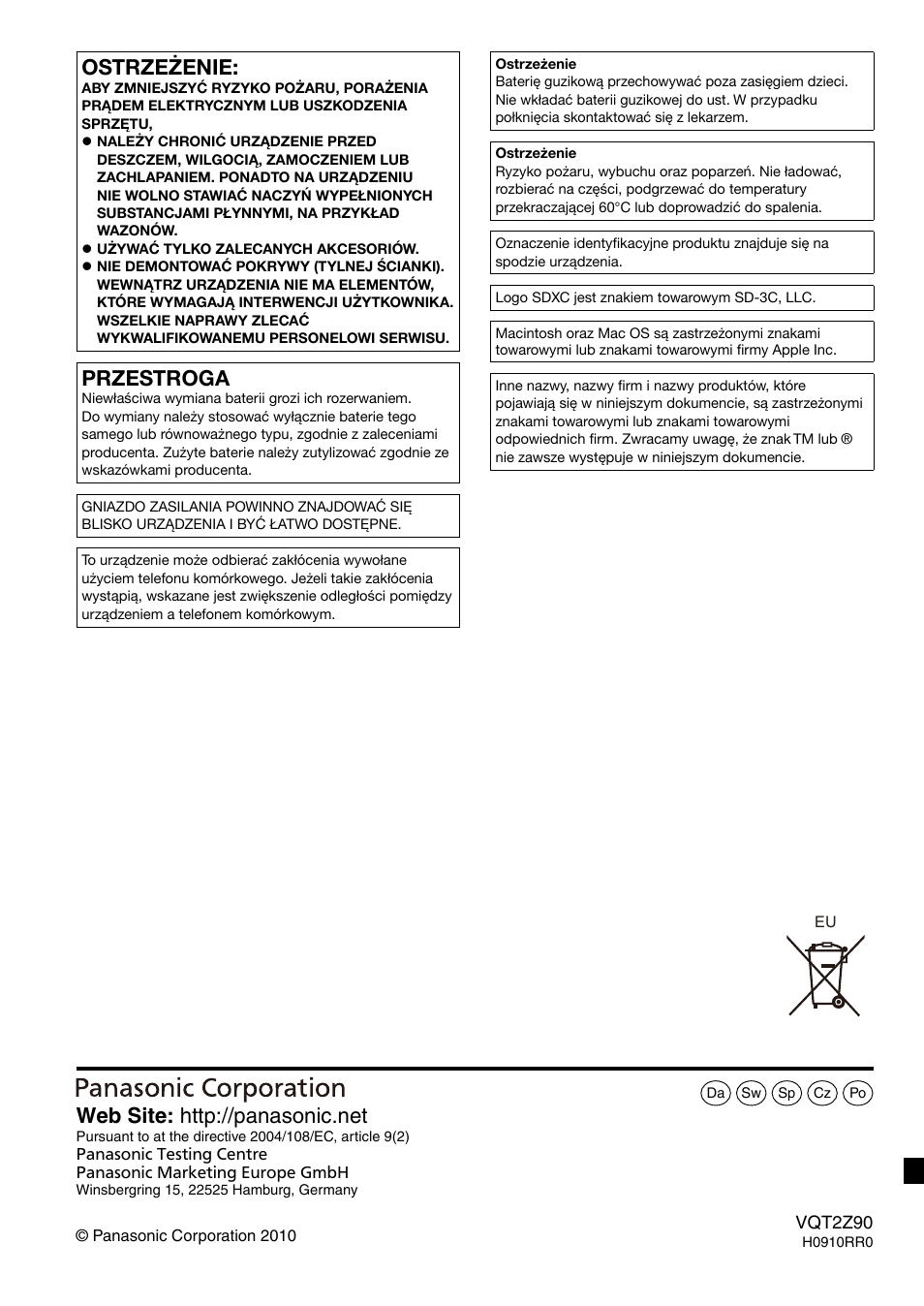 Ostrze¯enie, Przestroga | Panasonic MW20EG User Manual | Page 124 / 124