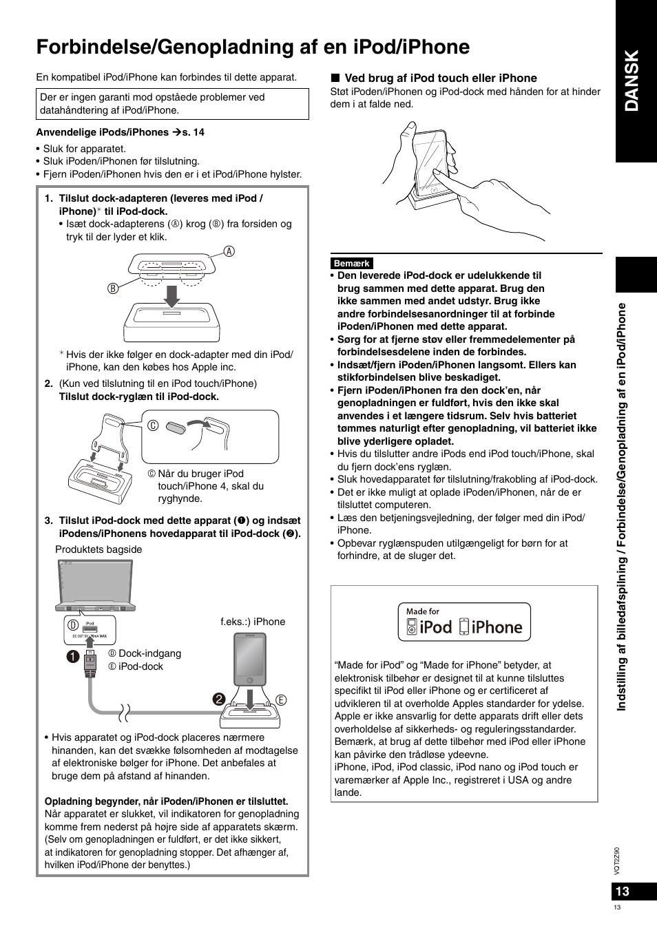 Forbindelse/genopladning af en ipod/iphone, Dansk | Panasonic MW20EG User Manual | Page 13 / 124