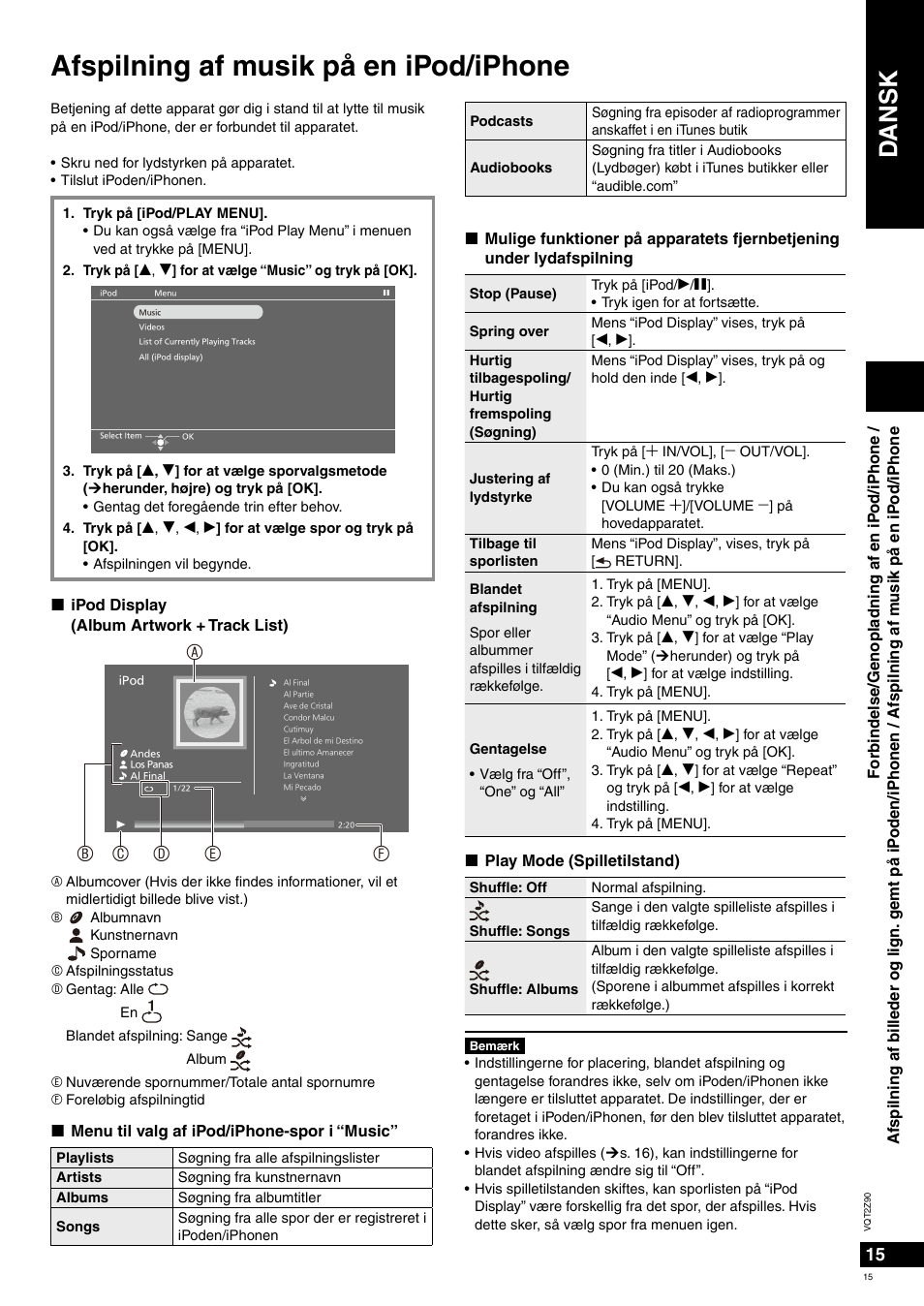 Afspilning af musik på en ipod/iphone, Dansk | Panasonic MW20EG User Manual | Page 15 / 124