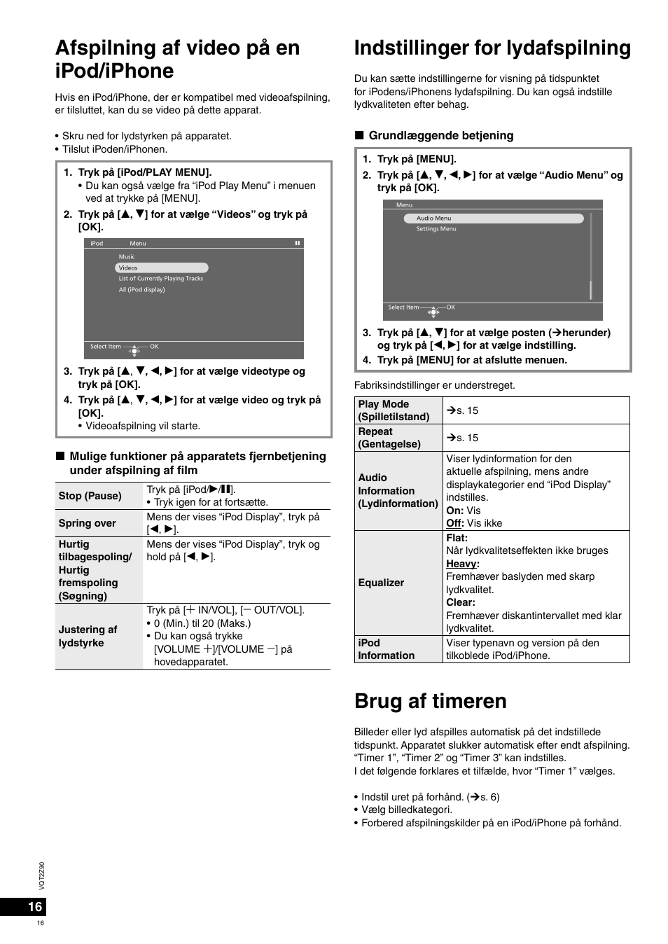 Indstillinger for lydafspilning | Panasonic MW20EG User Manual | Page 16 / 124