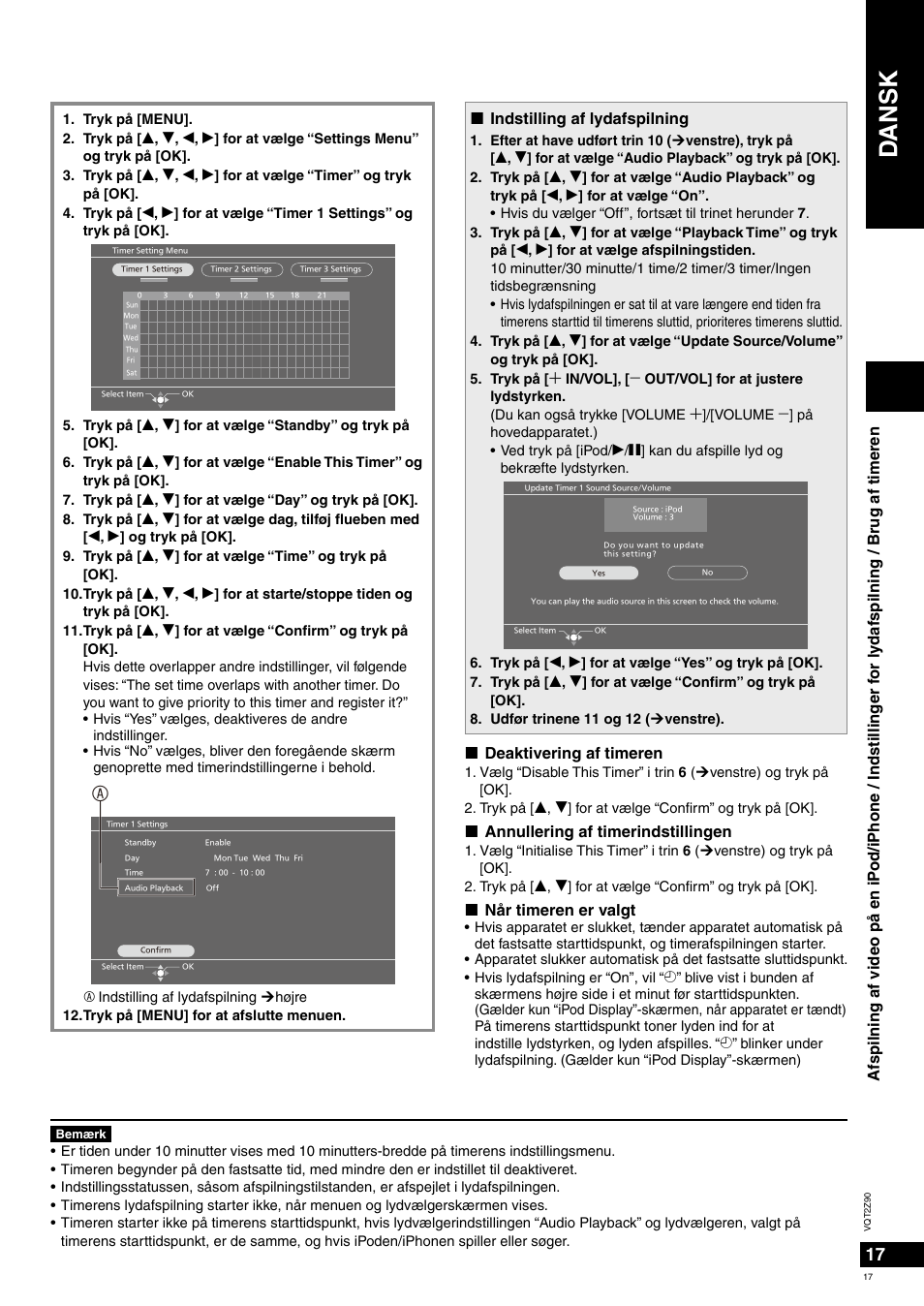 Dansk, Indstilling af lydafspilning, Deaktivering af timeren | Annullering af timerindstillingen, Når timeren er valgt | Panasonic MW20EG User Manual | Page 17 / 124