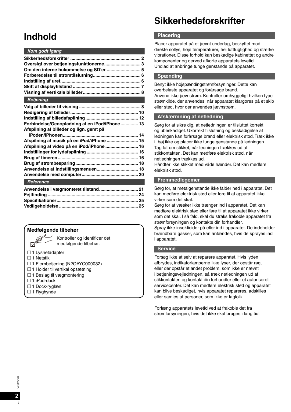 Indhold, Sikkerhedsforskrifter | Panasonic MW20EG User Manual | Page 2 / 124