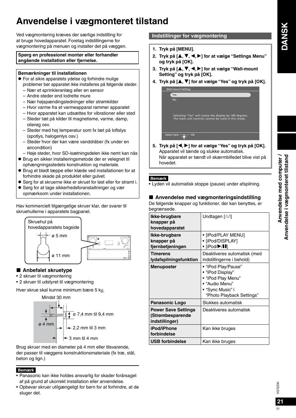 Anvendelse i vægmonteret tilstand, Dansk | Panasonic MW20EG User Manual | Page 21 / 124