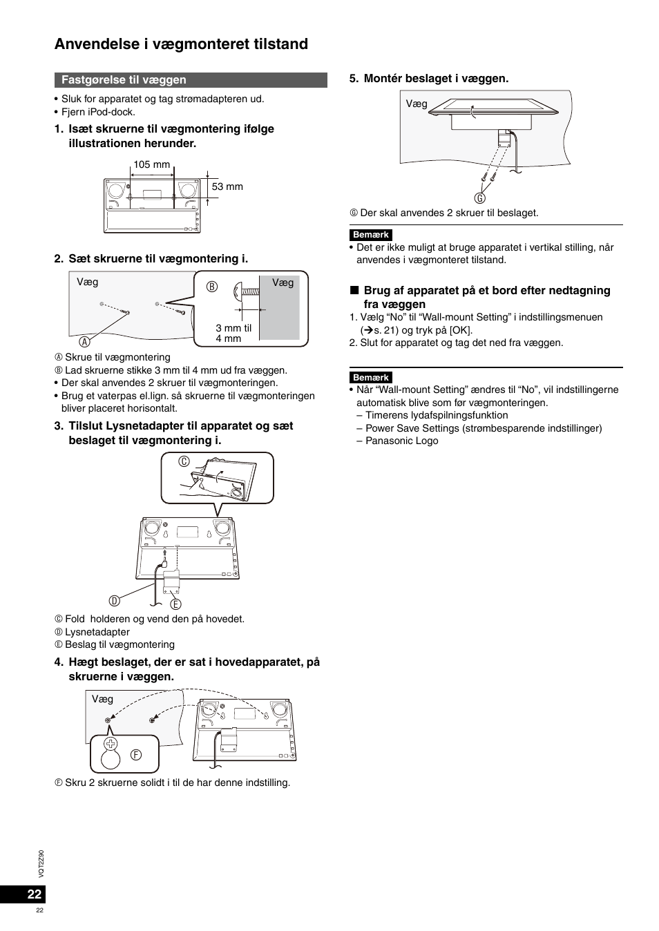 Anvendelse i vægmonteret tilstand, Cd e | Panasonic MW20EG User Manual | Page 22 / 124