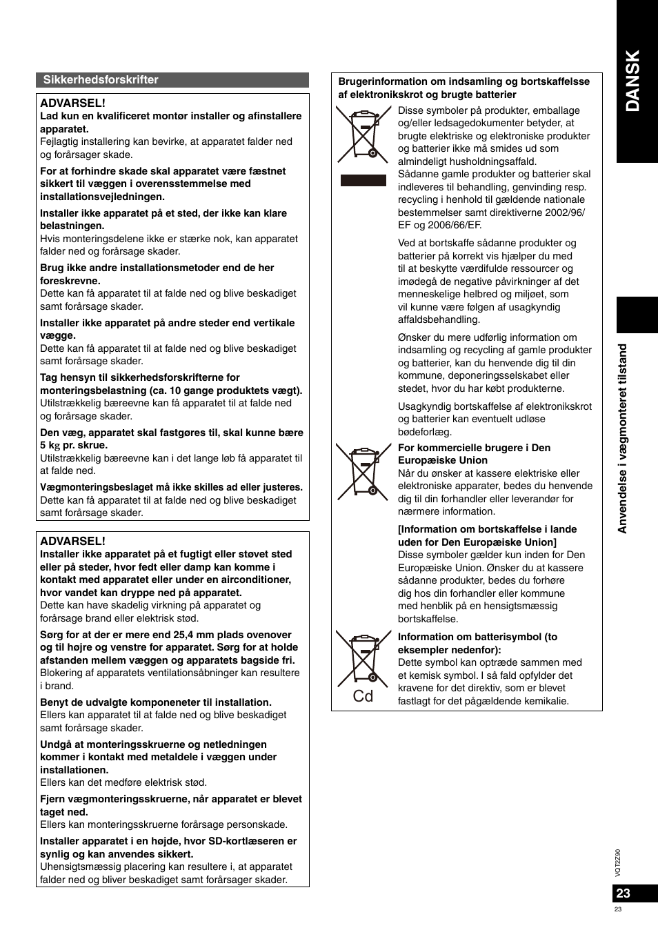 Dansk | Panasonic MW20EG User Manual | Page 23 / 124