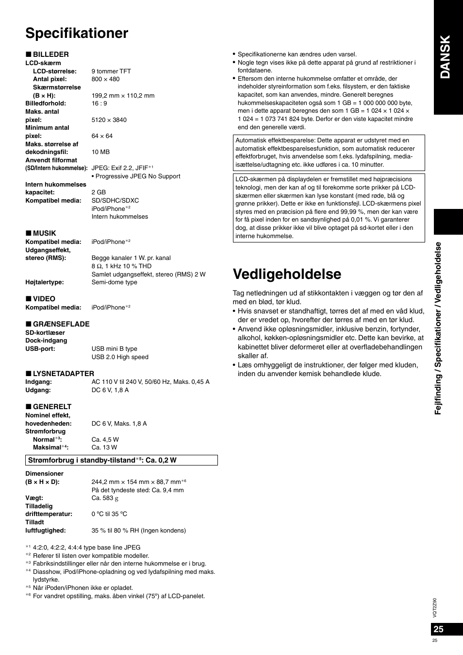 Specifi kationer, Vedligeholdelse, Dansk | Panasonic MW20EG User Manual | Page 25 / 124